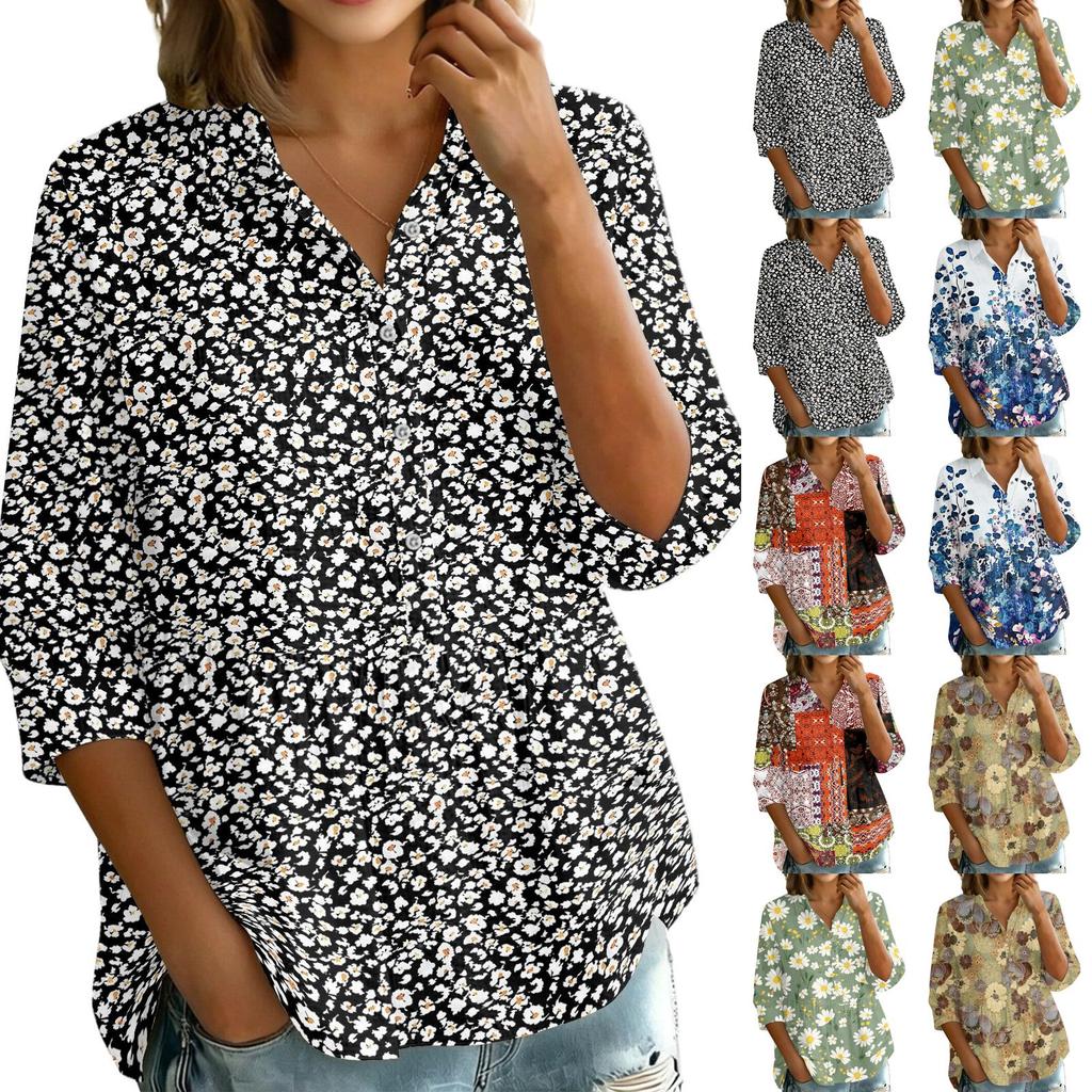 Women's Vintage Floral Print Button Down Blouse, 3/4 Sleeve Relaxed Fit Shirt