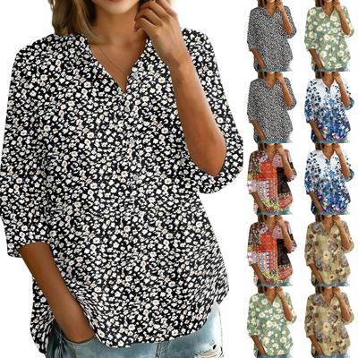 Women's Vintage Floral Print Button Down Blouse, 3/4 Sleeve Relaxed Fit Shirt