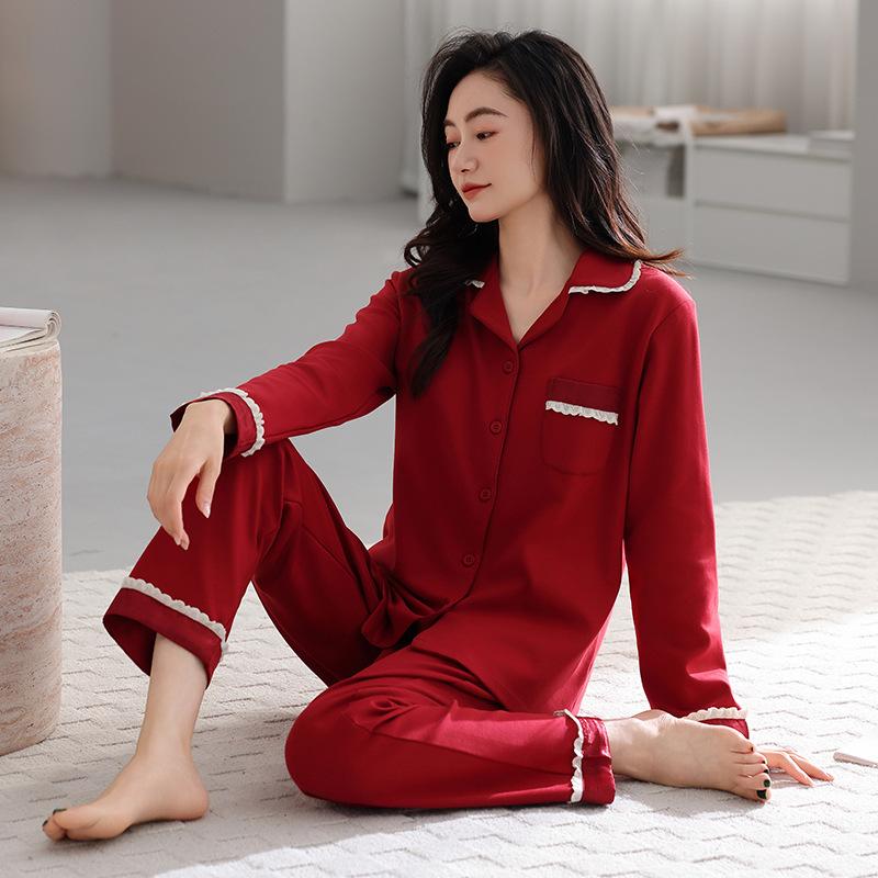 Anti-bumping point with chest pad Spring and autumn women's cardigan loungewear pure cotton long-sleeved lapel two-piece pajamas women's suit