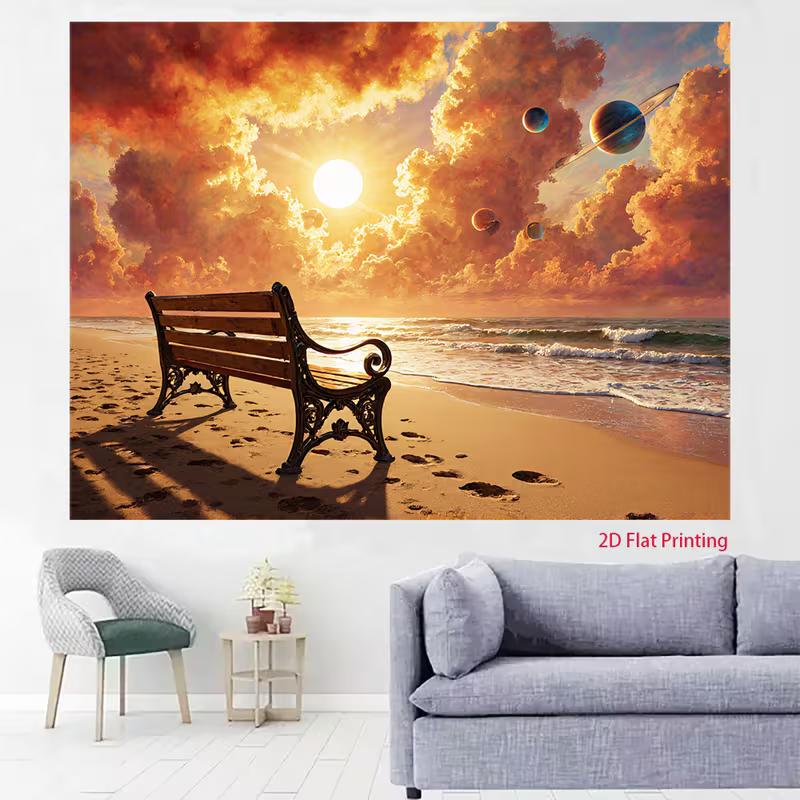 2D Beach Bench Sunset Backdrop Cosmic Planets Photography Background