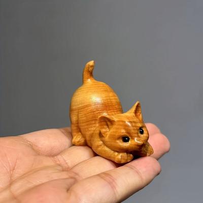 Adorable Cat Sculpture Handmade Wooden Kitten Ornament Desktop Decor Tea Pet  Gift