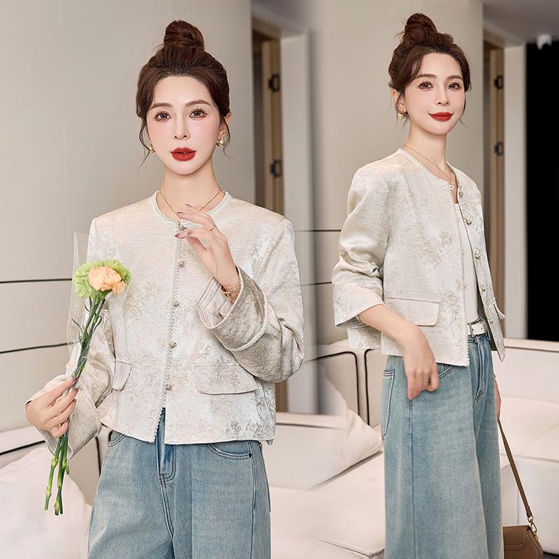 

Женская весенне-осенняя куртка с круглым вырезом, кружевным жаккардом, в новом китайском национальном стиле YL713 L (120-130 jin) абрикосовый