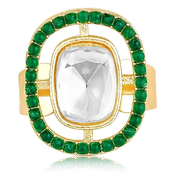 Gold Plated White Synthetic Stone & Green Beads Studded Adjustable Finger Ring Fashion Jewellery for Women