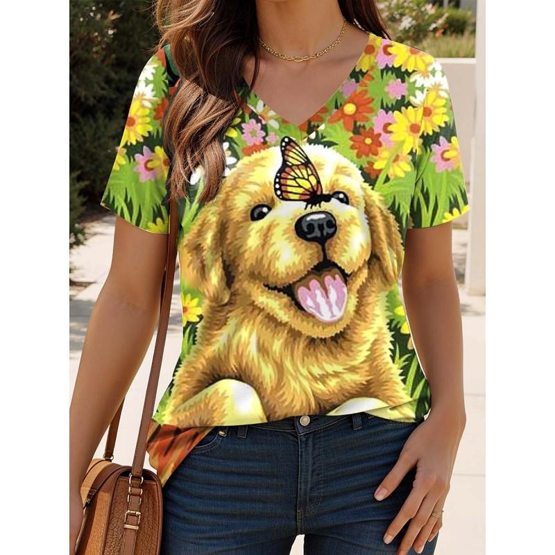 2025 Women's T-Shirt Kawaii Cat Graphic Fashion Short Sleeved V-Neck Regular Tops Daily Print Tee Summer Spring casual Tops