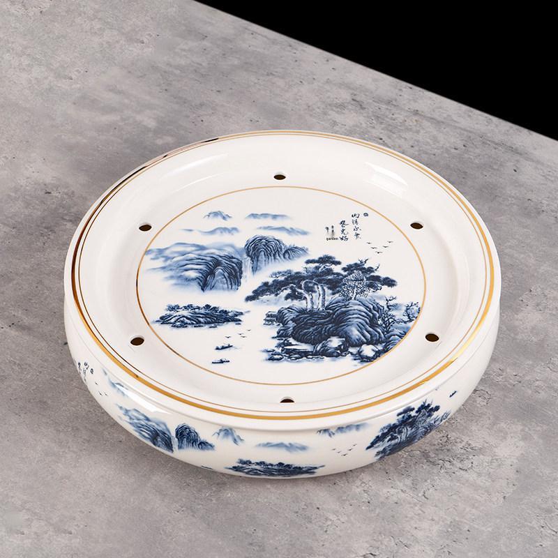 14-inch Ceramic Round Tea Tray for Gongfu Tea, with Double-Layer Water Storage
