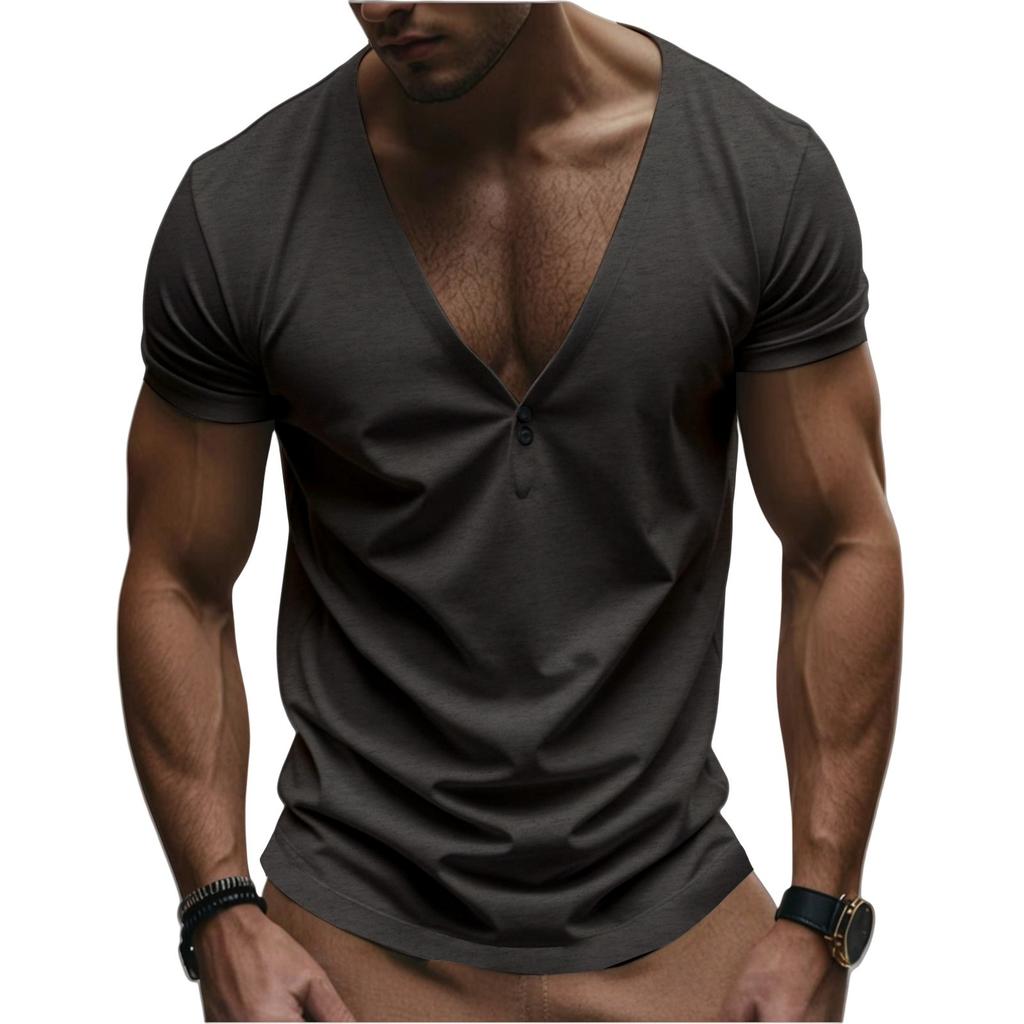 Men's Short Sleeve Button Casual Men's V-neck Color T-shirt