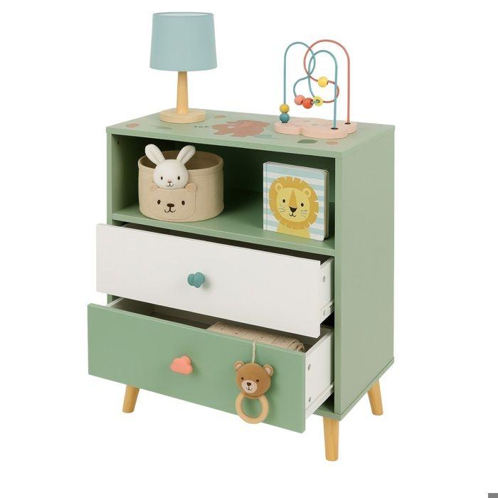 Meuble de Rangement Enfant GINGER HOME FOREST, Armoire avec 2 Tiroirs et Étagère, Design Ours, Bois MDF et Pin, 60x30x75 cm