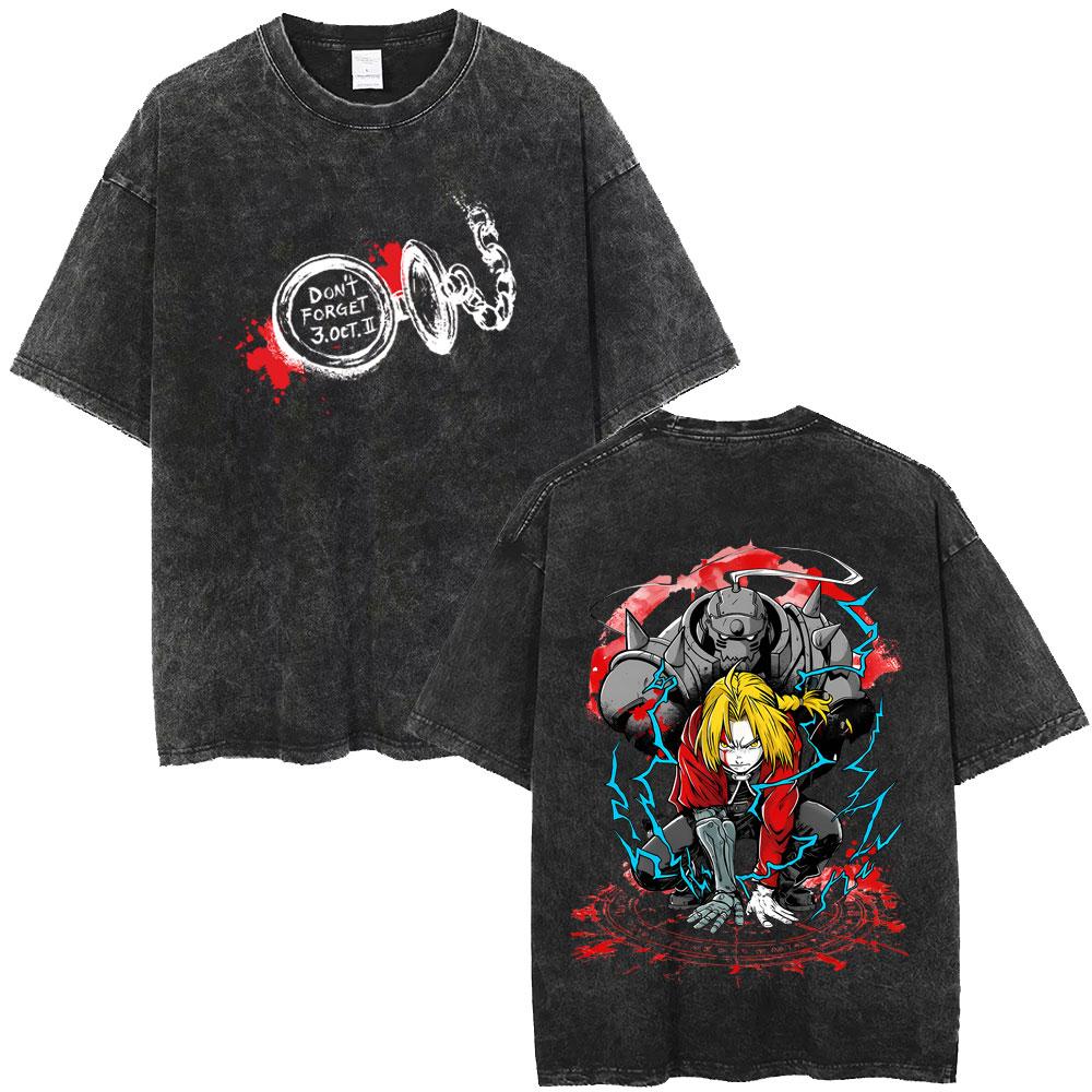 Washed Vintage Anime Fullmetal Alchemist T-shirt Manga Edward Elric Don't Forget T-shirts Men Women Casual Oversized T Shirts