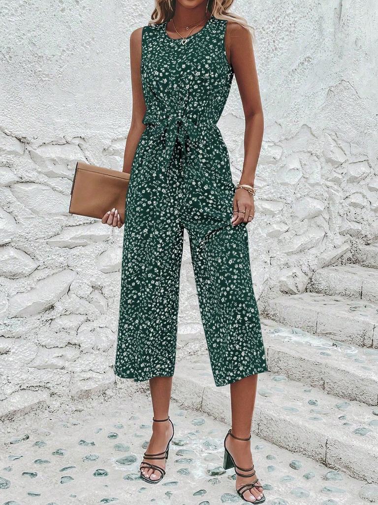 2026 New Fashion Women's Floral Print Sleeveless O-neck Jumpsuit Casual Vacation Beach Ankle-length Pant Jumpsuits with Belt