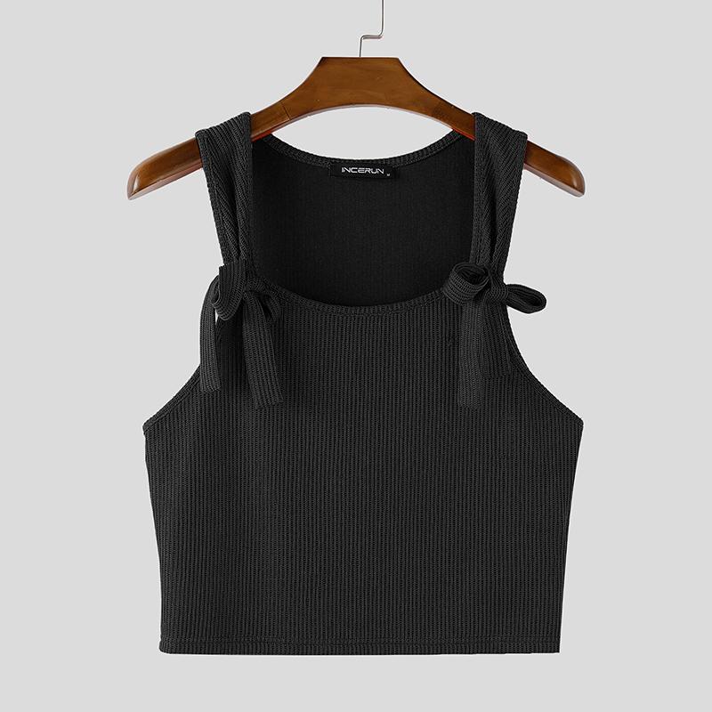 

INCERUN Men U Neck Bow Knot Strap Sleeveless Rib Cropped Tank Tops S чёрный