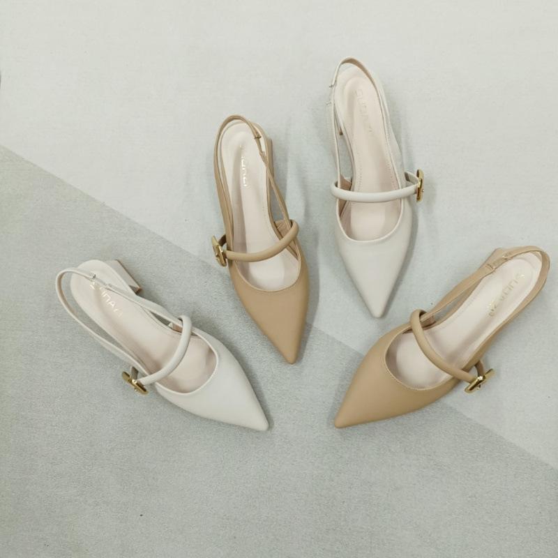 Sandals Single Shoes Women's Summer 2025 New Versatile Soft Leather Thick Heel Soft Sole Temperament Korean Version Shallow Mouth Pointed Shoes