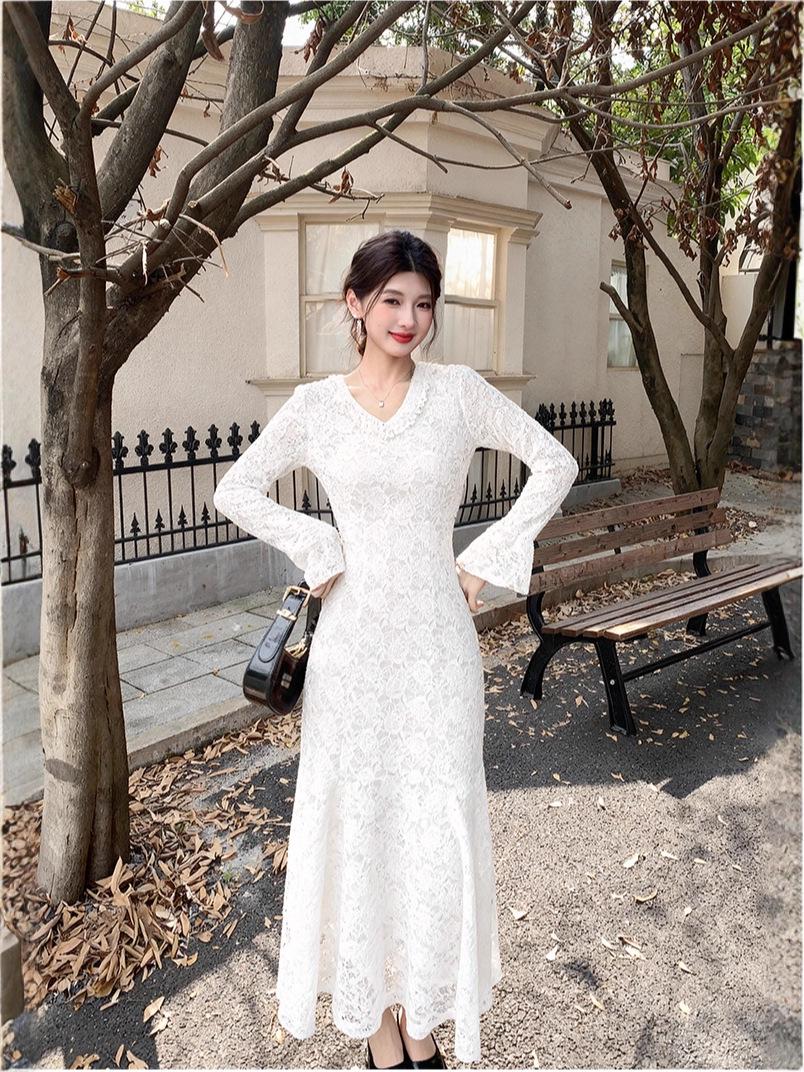 French High-Quality Embroidered Lace Patchwork Fishtail Dress - Autumn/Winter Collection S кремовый/белый