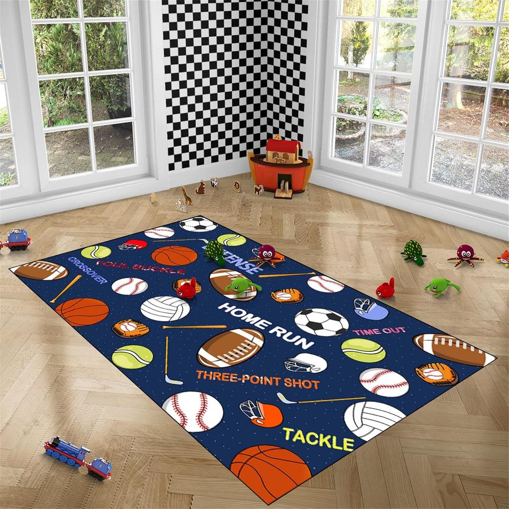 Navy Blue Sports Rug for Boys - Soccer Basketball Football Tennis Ball Kids Bedroom Decor, Non-Slip Playroom Carpet