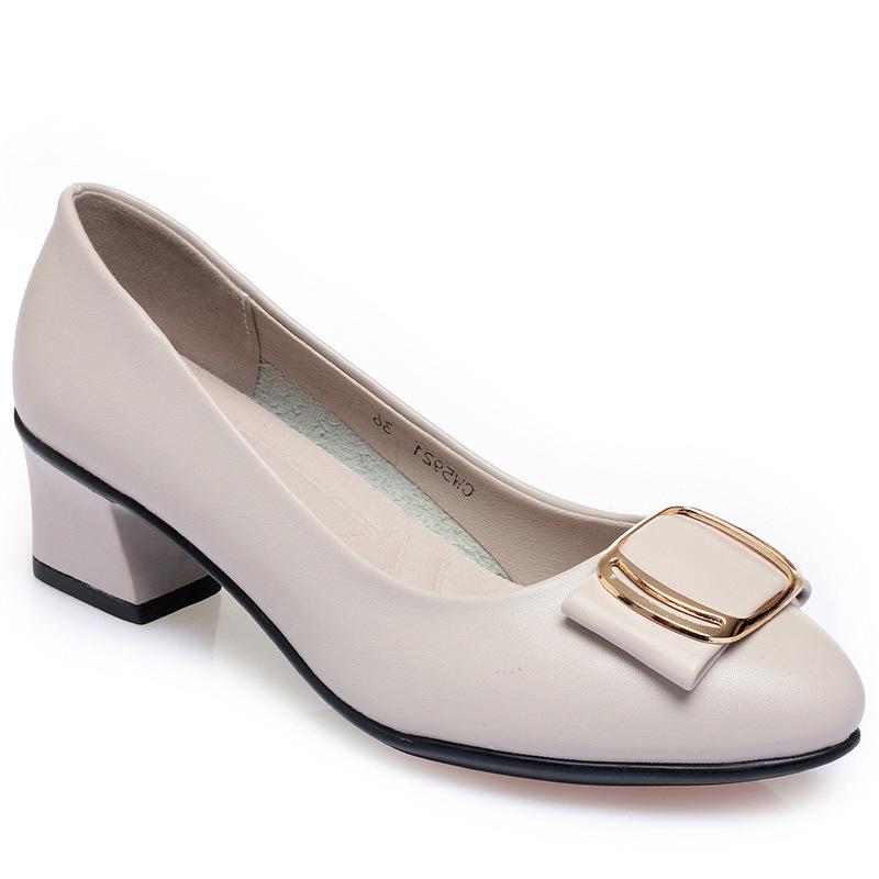 Four Seasons Women's Burgundy & Beige Leather Pointed-Toe Low-Cut Pumps with Medium Thick Heels.