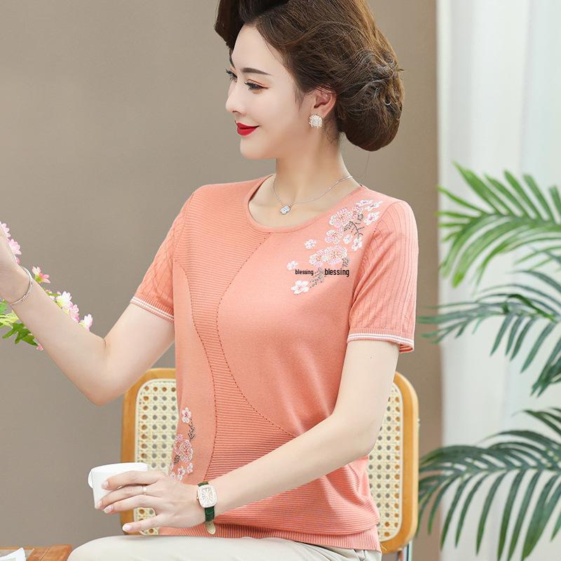 High-End Ice Silk T-Shirt for Middle-Aged Women (50-60) - Short-Sleeved Summer Top for Moms and Grandmas