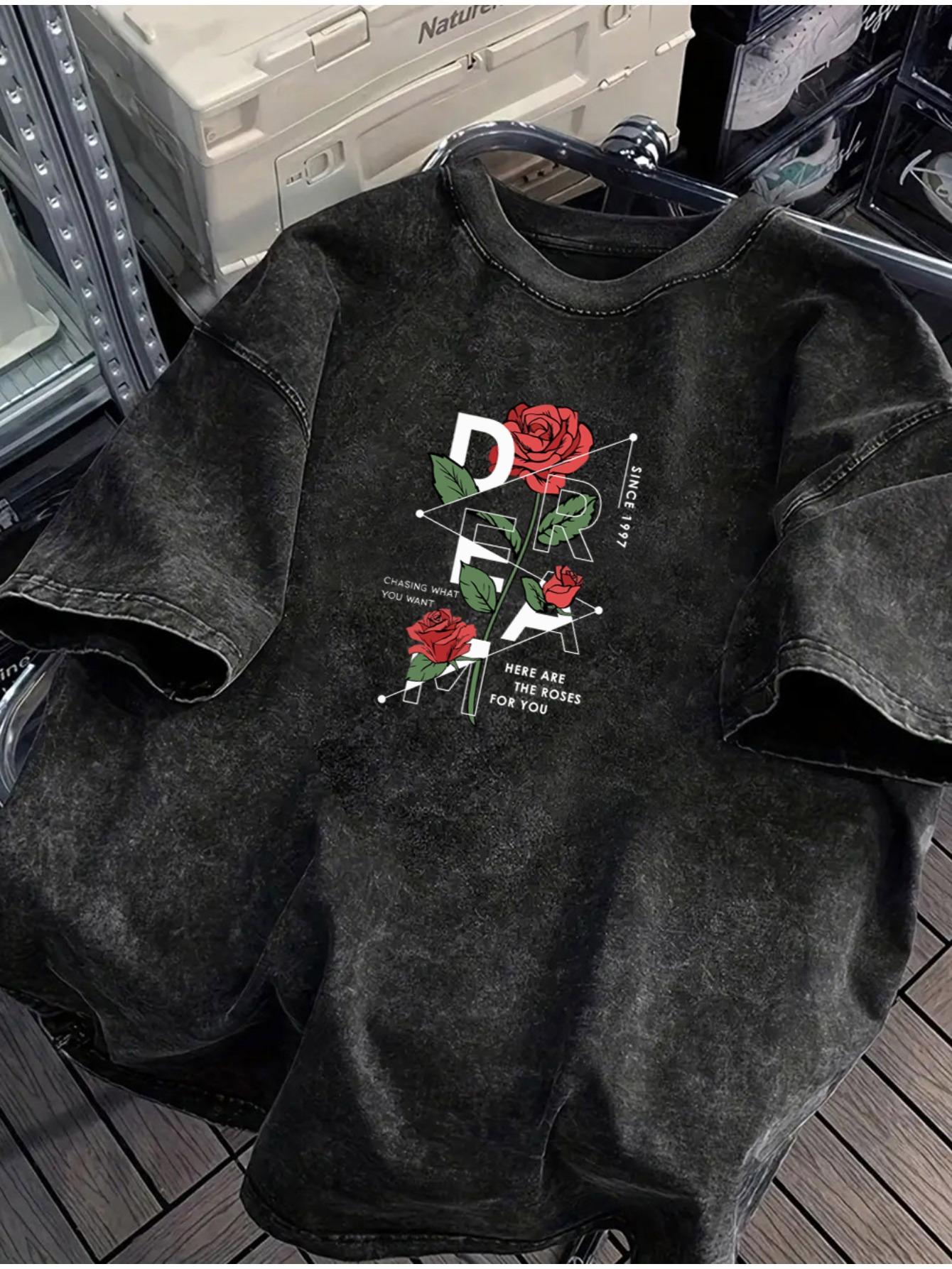 Washed Retro Black with White Rose Cherry Blossom Print  Cotton Men Tshirt Summer Daily Outdoor Sports Loose Shortsleeve S
