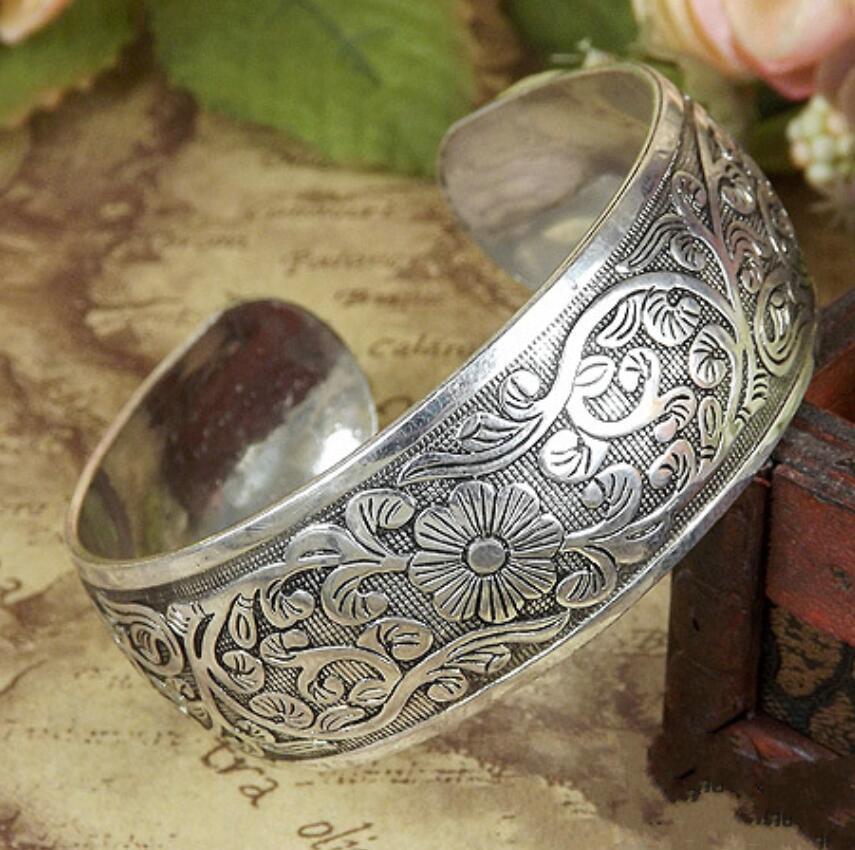 Ancient Silver Tibetan Decoration Engraved Opening Bracelet, Ethnic Style Retro Wide Bracelet, Bracelet