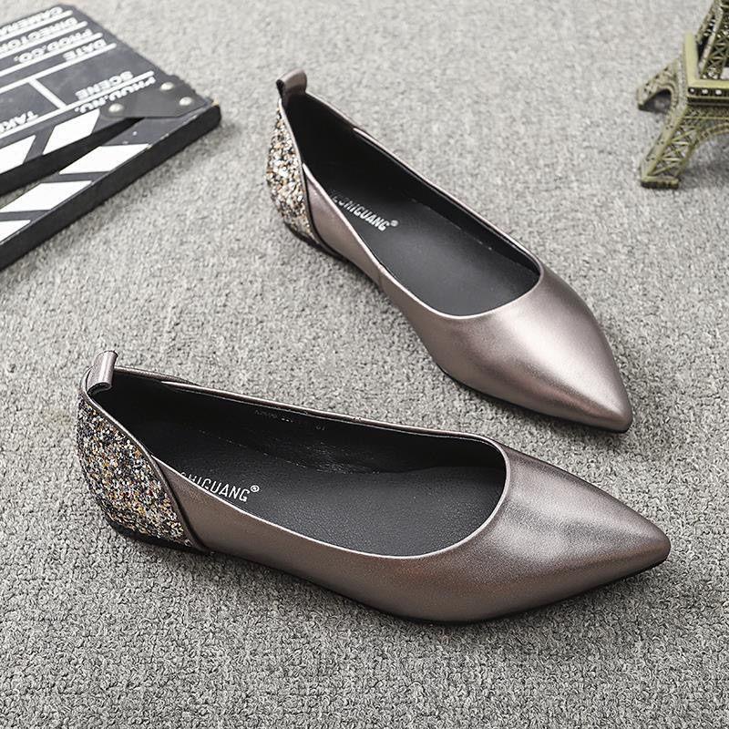 Fashion Temperament Woman Shoes Women's Pointed Flat Leather Shoe Simple Versatile Women Sequined Mary Jane Shoes