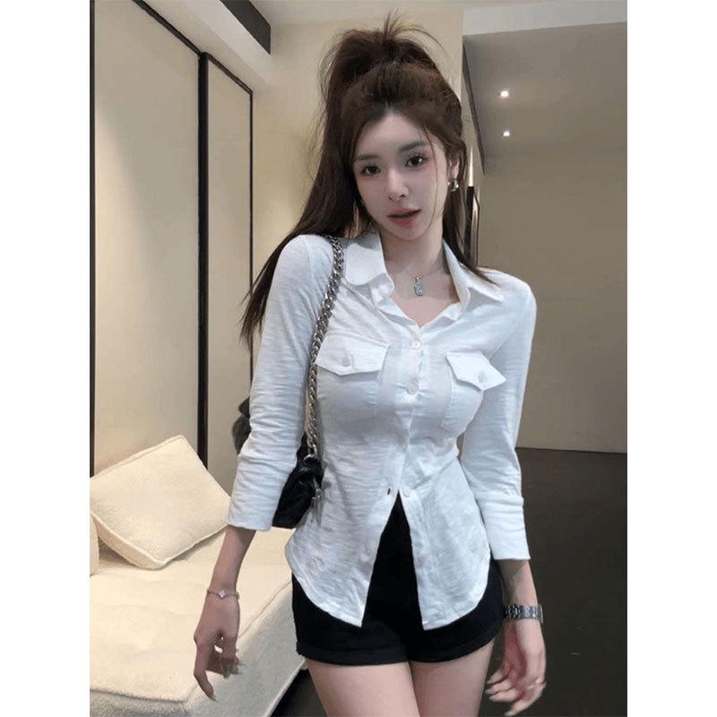 Plus-Size Elegant White Lapel Shirt for Women - Slimming Waist-Cinched Autumn Top