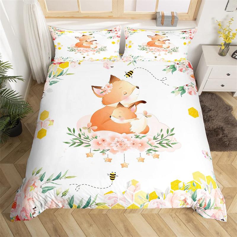 Cute Milk Cow Bedding Set King Cartoon Animal Duvet Cover Botanical Floral Comforter Cover Microfiber Farmhouse Bedspread Cover
