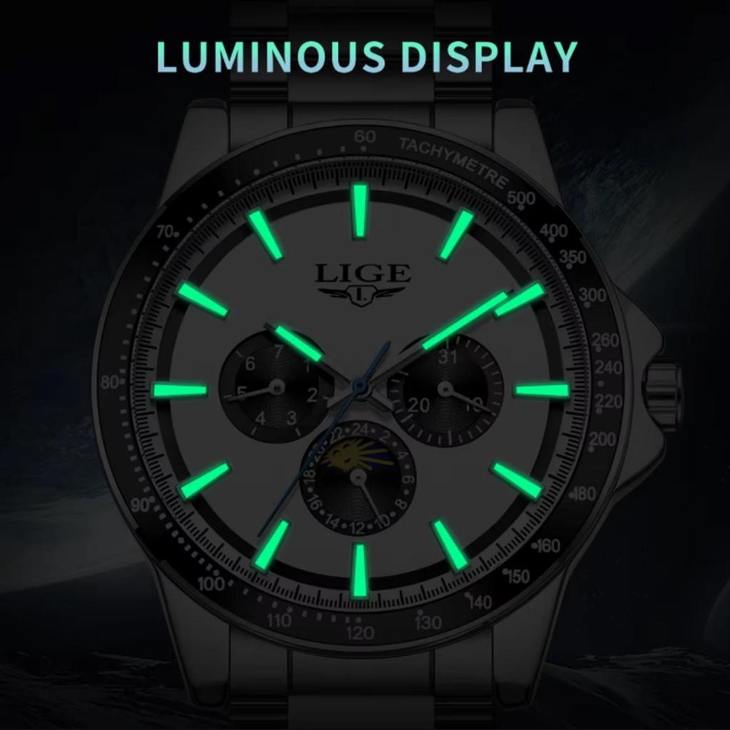LIGE Unique Dial Quartz Man Watch Stainless Steel Business Luxury Clocks 24-Hour Moon Phase Waterproof Date Week Watches