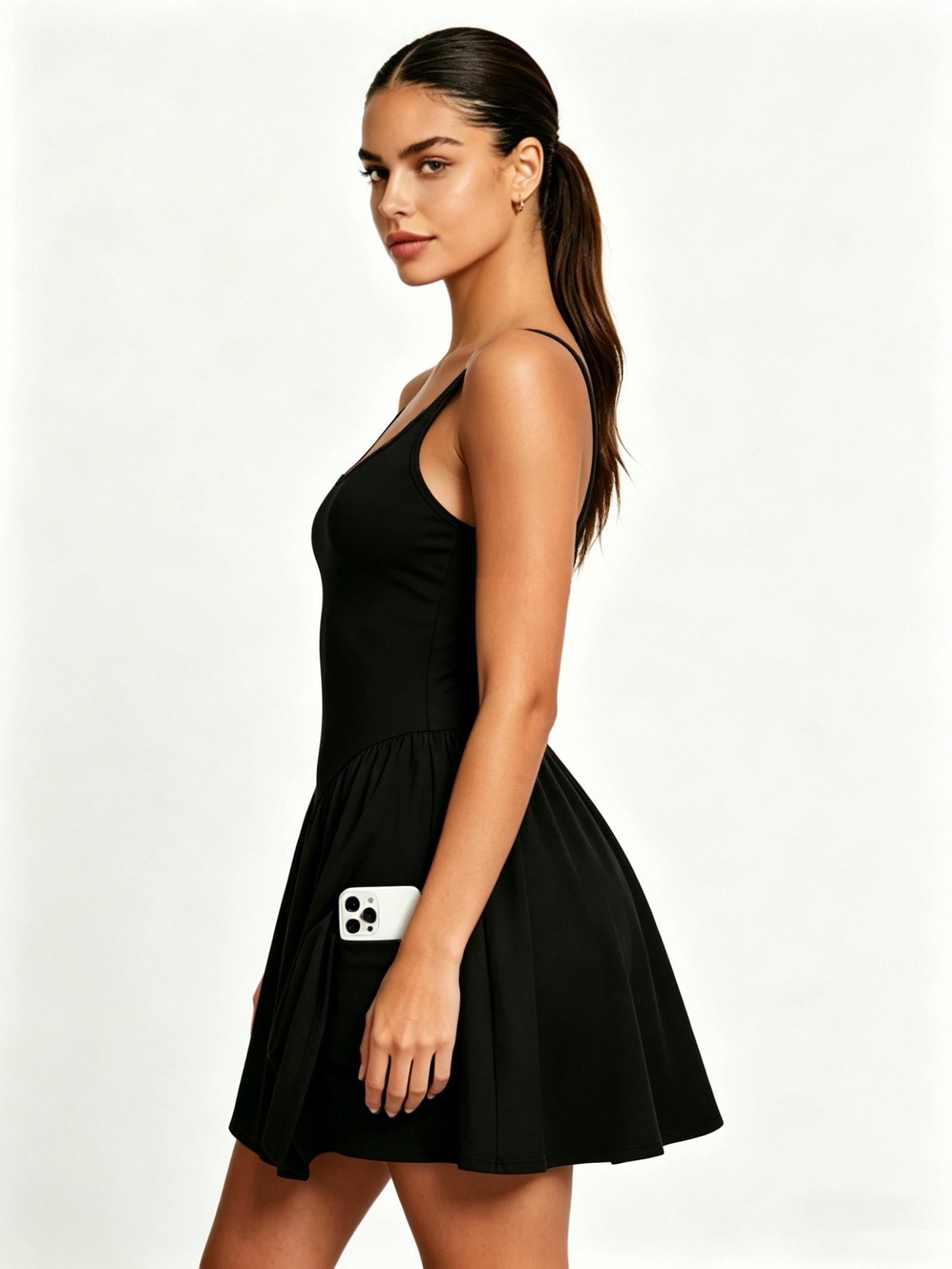 Women s Exercise Dress with Shorts and Pockets, Black Sleeveless Athletic Tennis Dress, Criss-cross Back Workout Mini Dress XS чёрный
