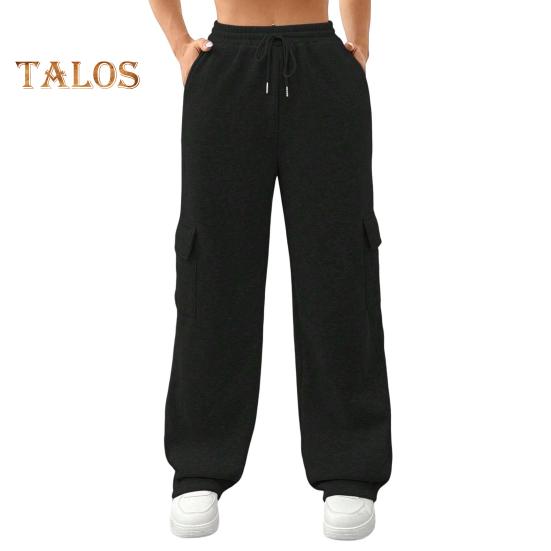 Pantaloni cargo pentru femei, cu talie elastică, cu șnur ajustabil, pantaloni drepti, cu picioare largi, pantaloni lungi sport de culoare solidă