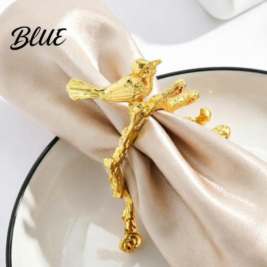 Satin Napkin Ring Ring Vintage Branch & Bird Design with Gold Finish Open-End Holder for Chinese Wedding Table Decor Cloth Linen Dinner Napkins,