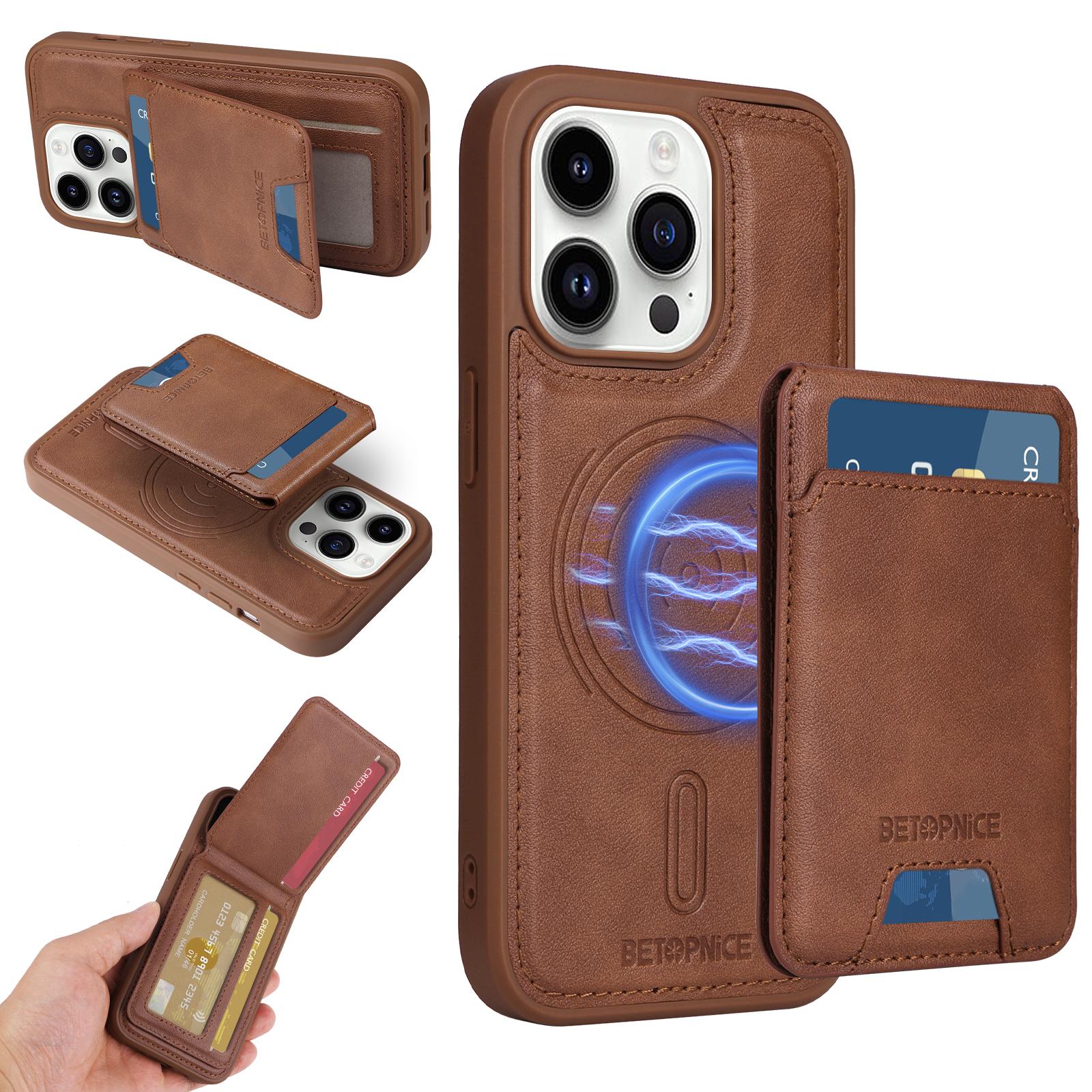 

For iPhone 14 Pro Magnetic Case BETOPNICE RFID Blocking Leather Phone Back Cover with Detachable Card Bag Brown