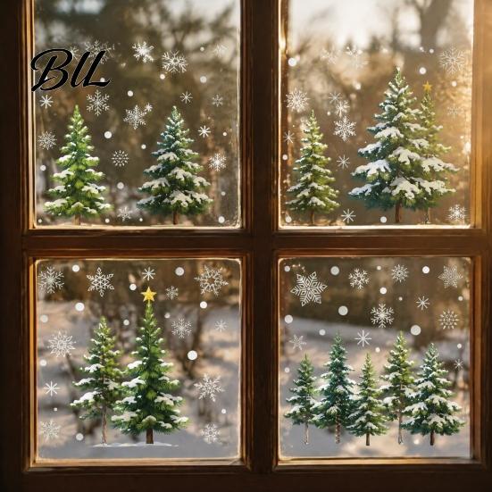 Festive Store Window Decor 2Pcs Christmas Snowflake Clings, Winter Green Pine Tree Static Glass Seasonal Home Ornament Stickers, Snow Dots Xmas Decals