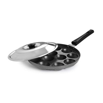 Non Stick 12 Cavity Appam Maker Pan For Crispy Appam Cooking With Lid | Easy Clean Space Saving Kitchen Essential | Compact Grey Cookware