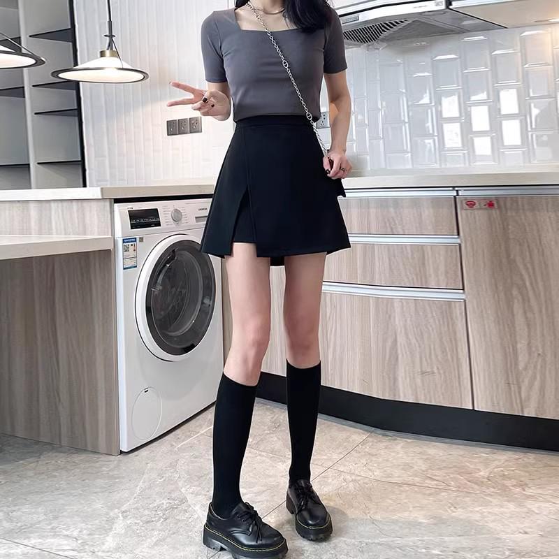 2025 Black Plus Size High Waist Slimming A-Line Slit Short Skirt for Women