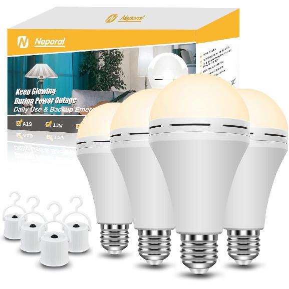 Neporal 4 Pack Emergency-Rechargeable-Light-Bulb, Stay Lights Up When Power Failure, 1500mAh 15W 80W Equivalent LED Light Bulbs for Home, Camping,