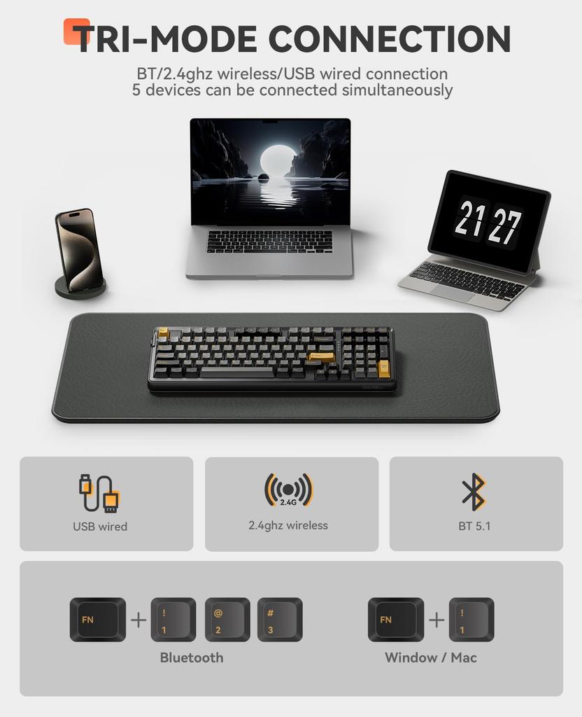 DAREU EK98PRO Wireless Gaming Keyboard with Numeric Mechanical USB English Gasket DREAM HIFI Switches Red Black Keypad, Keyboard, 2.4G