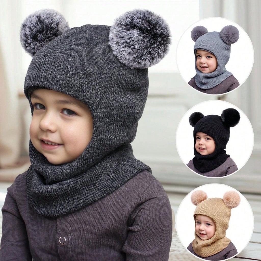 Children's Hat and Scarf Combo, Fleece-Lined, Thickened, Ear Protection, Winter Warm Knitted Hat for Boys and Girls