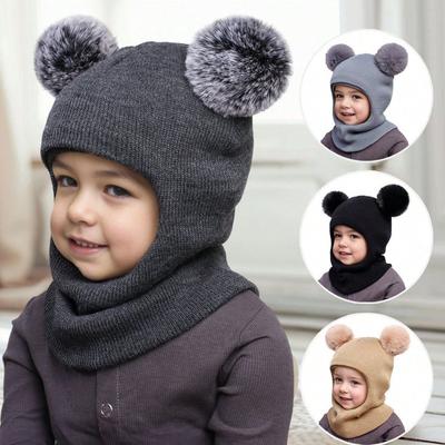 3-12Y Autumn and Winter Double-ball Pullover Cap, Children's Double-ball Ear-protecting One-piece Cap, Solid-color Cute Woolen
