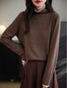 Women's Wool Color Block Pile Collar Knit Sweater - Fake Two-Piece Loose Long Sleeve Pullover.