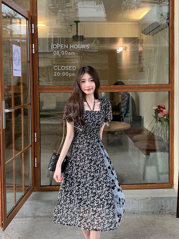 Women's Plus Size Floral Midi Dress, French Retro Style with Mesh Spliced Skirt