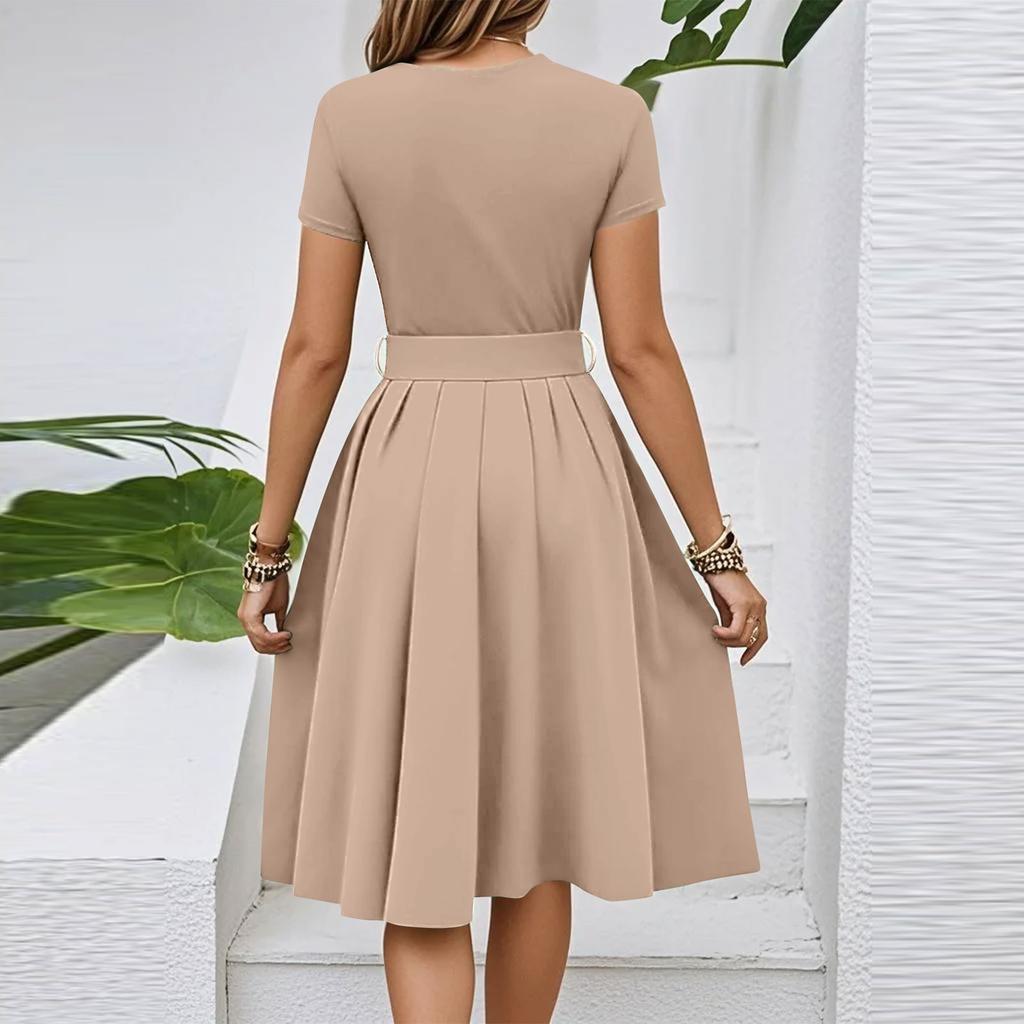 Dámské ležérní módní šaty s páskem, s květinovým potiskem, s krátkým rukávem, s kulatým výstřihem, elegantní