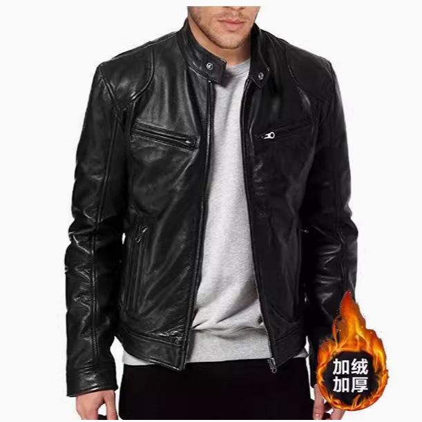 Winter Business Gentleman Warm Zipper Cardigan Pocket Fleece Thickened PU Leather Jacket Stand Neck Slim Leather Jacket