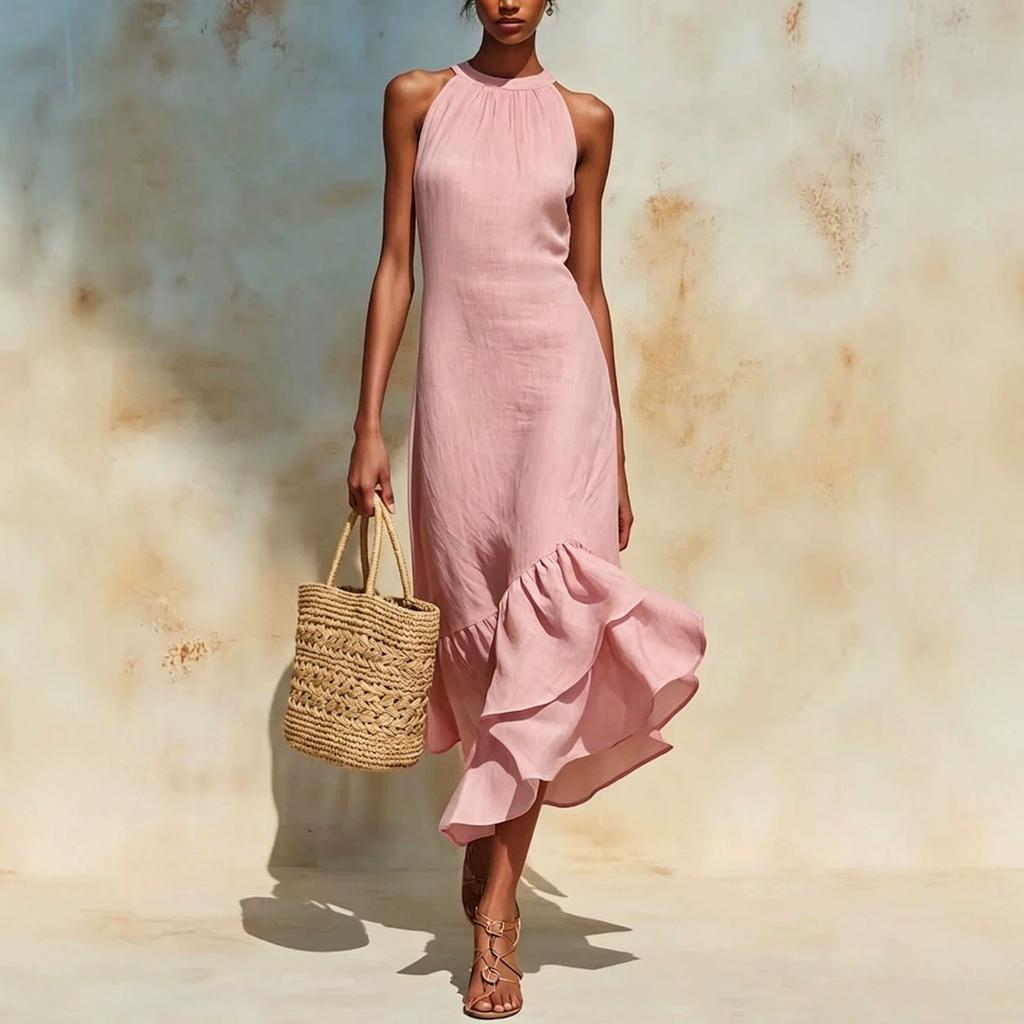 Sommer Baumwolle Leinen Neckholder Kleid, Ärmellos Unregelmäßiger Rüschen Meerjungfrauen Saum Maxikleid für Europäische Amerikanische Ferien