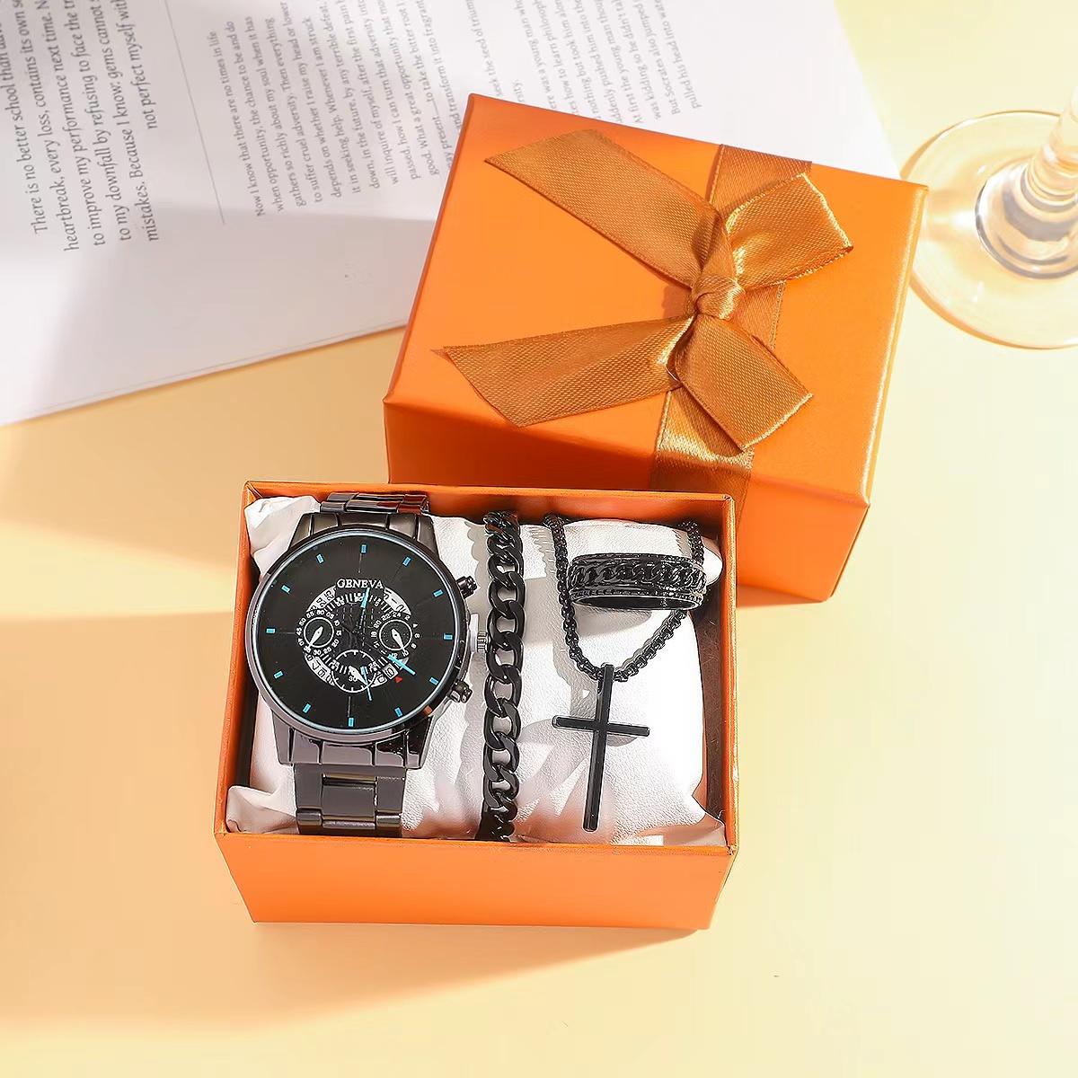 

Popular fashion men s steel strap wristwatch, business cross-border set without box чёрный