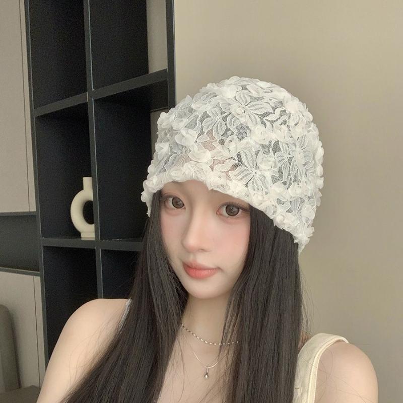 Women's Korean Minimalist Design 3D Flower Lace White Slouchy Hat Summer Hollow Breathable Thin Head-Wrapping Hat