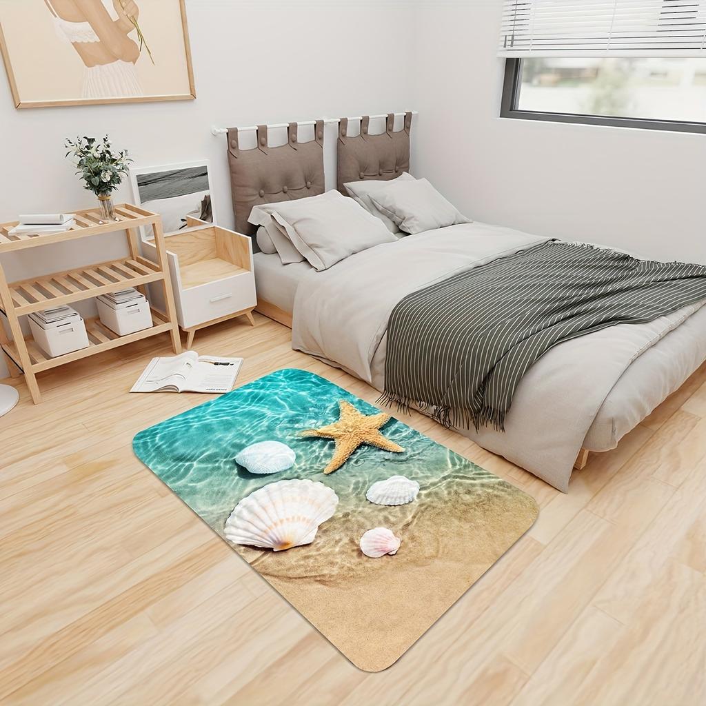 3D Beach Starfish Seashell Bath Mat Non‑Slip Absorbent Coastal Rug