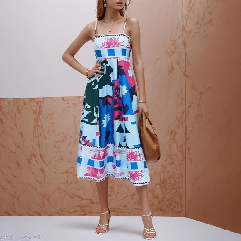 Sleeveless High Waist Printed Spaghetti Strap Swing Dress for Women
