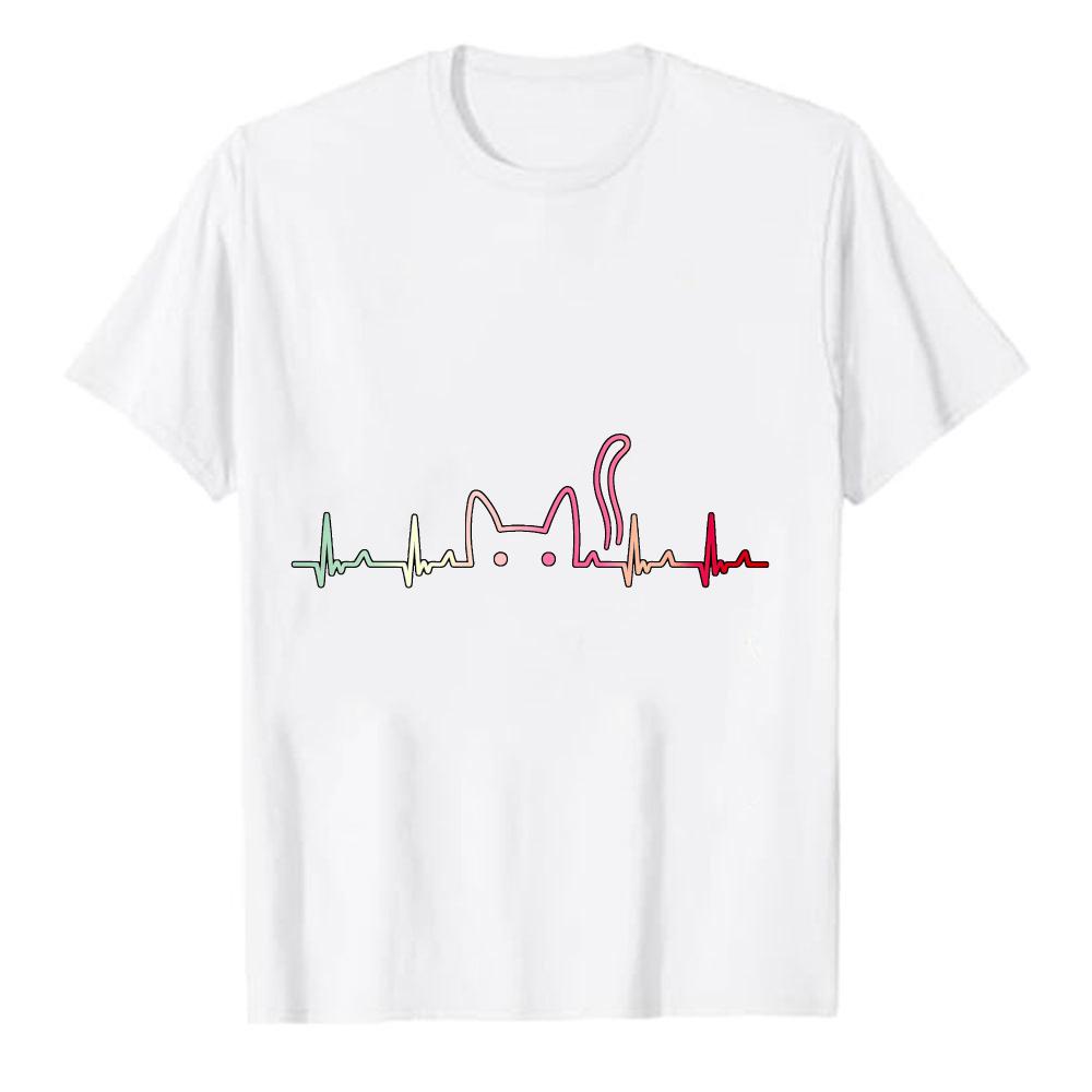 Cat Lover Heartbeat ECG Funny Cute Cat TShirt for Unisex Women Crew Neck Short Sleeve Fitted Olive Green Multicolored Outline