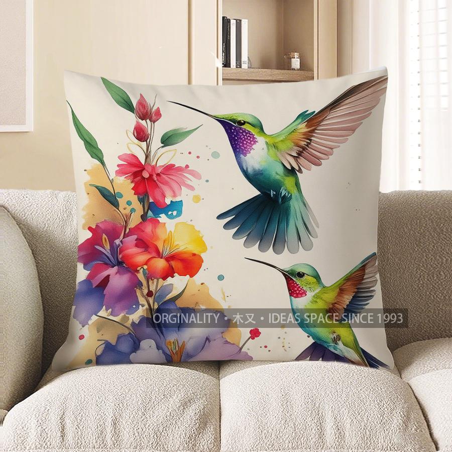 Home Decor Hummingbirds & Flowers Watercolor Pillow Cover Pattern Cushion Cover Suitable For Sofa Bedroom Car Pillow Cover