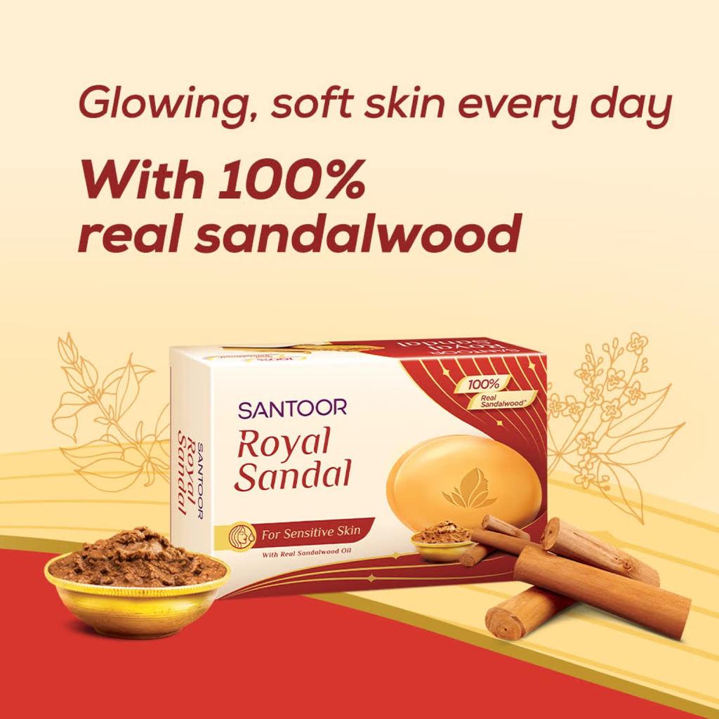 Santoor Royal Sandal Bathing Soap for Sensitive Skin Creamy Moisturizers Real Sandalwood Oil Long Lasting Fragrance Pack of 2 (125g X 6N)