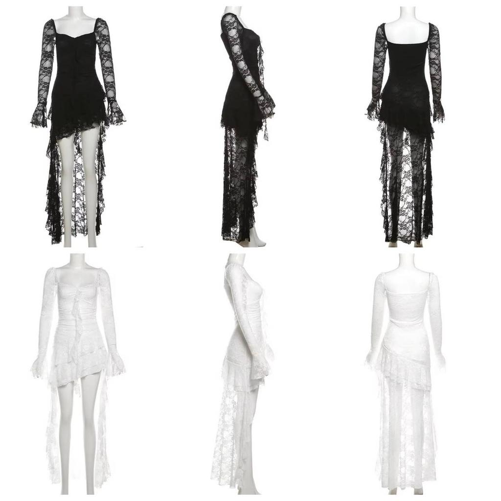 Gotické gotické šaty s dlouhým rukávem a čtvercovým výstřihem do V, sladké dámské šaty s nepravidelným dlouhým lemem a krajkou