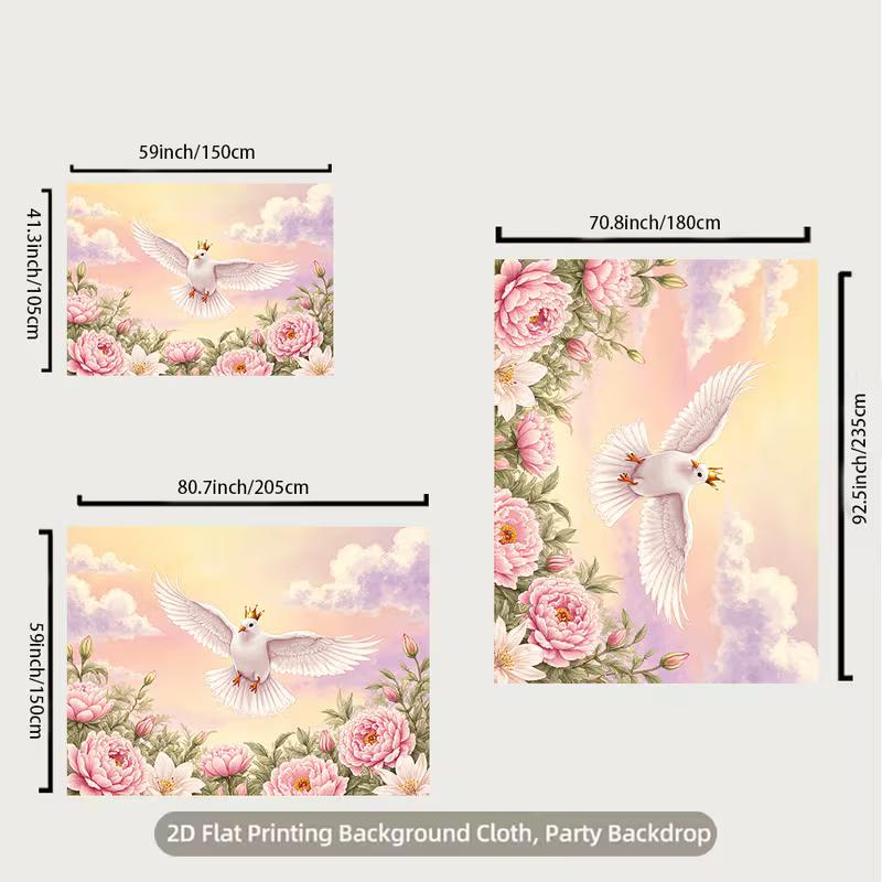 2D Crown White Dove Backdrop, Pink Peony & Sky Background Cloth for Wedding & Party